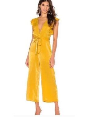 Tularosa Sunset Yellow Ruffle Sleeve Satin Jumpsuit With Waist Tie Belt